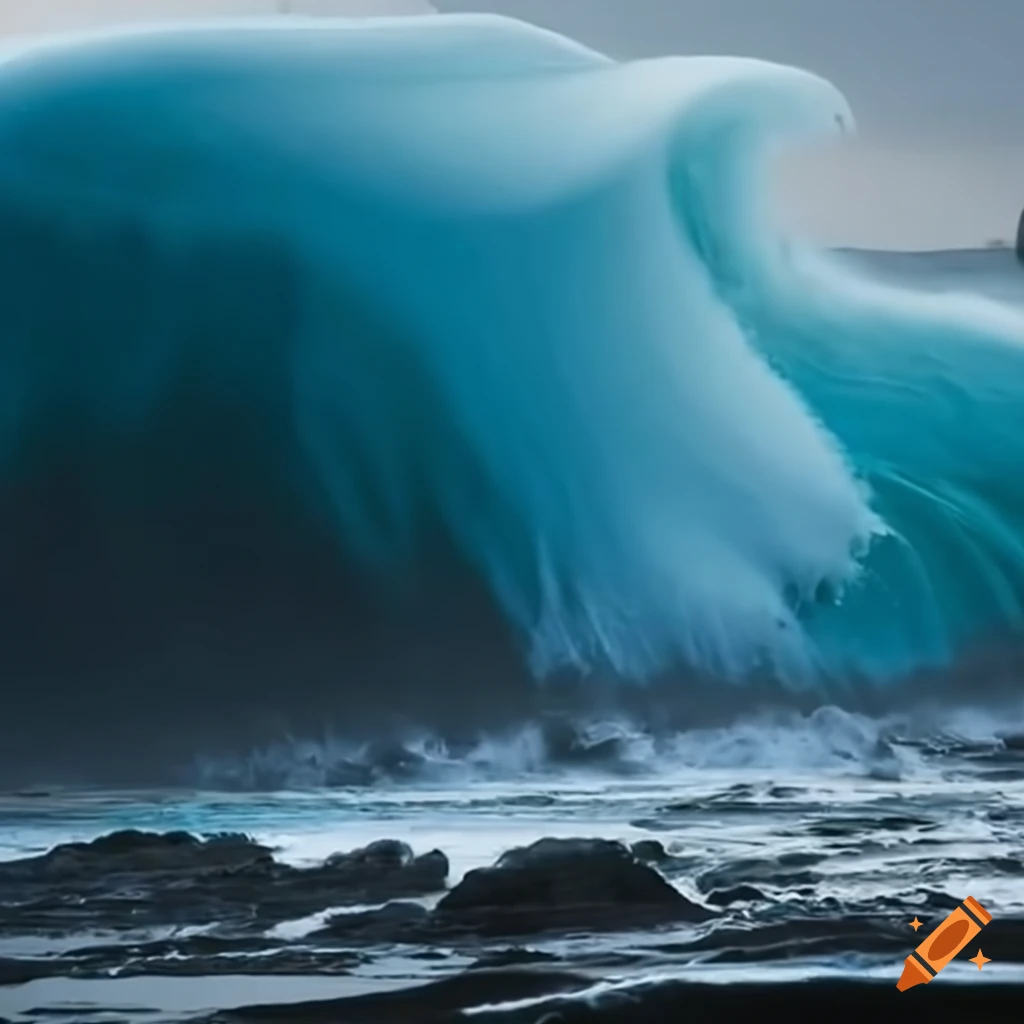 Giant tsunami wave crashing on a deserted seashore