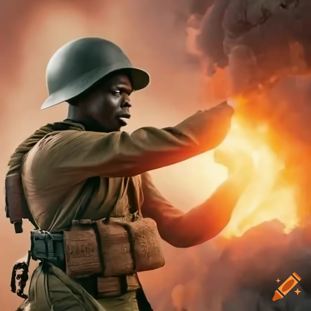 WWII soldier catching a sandbag amidst explosions