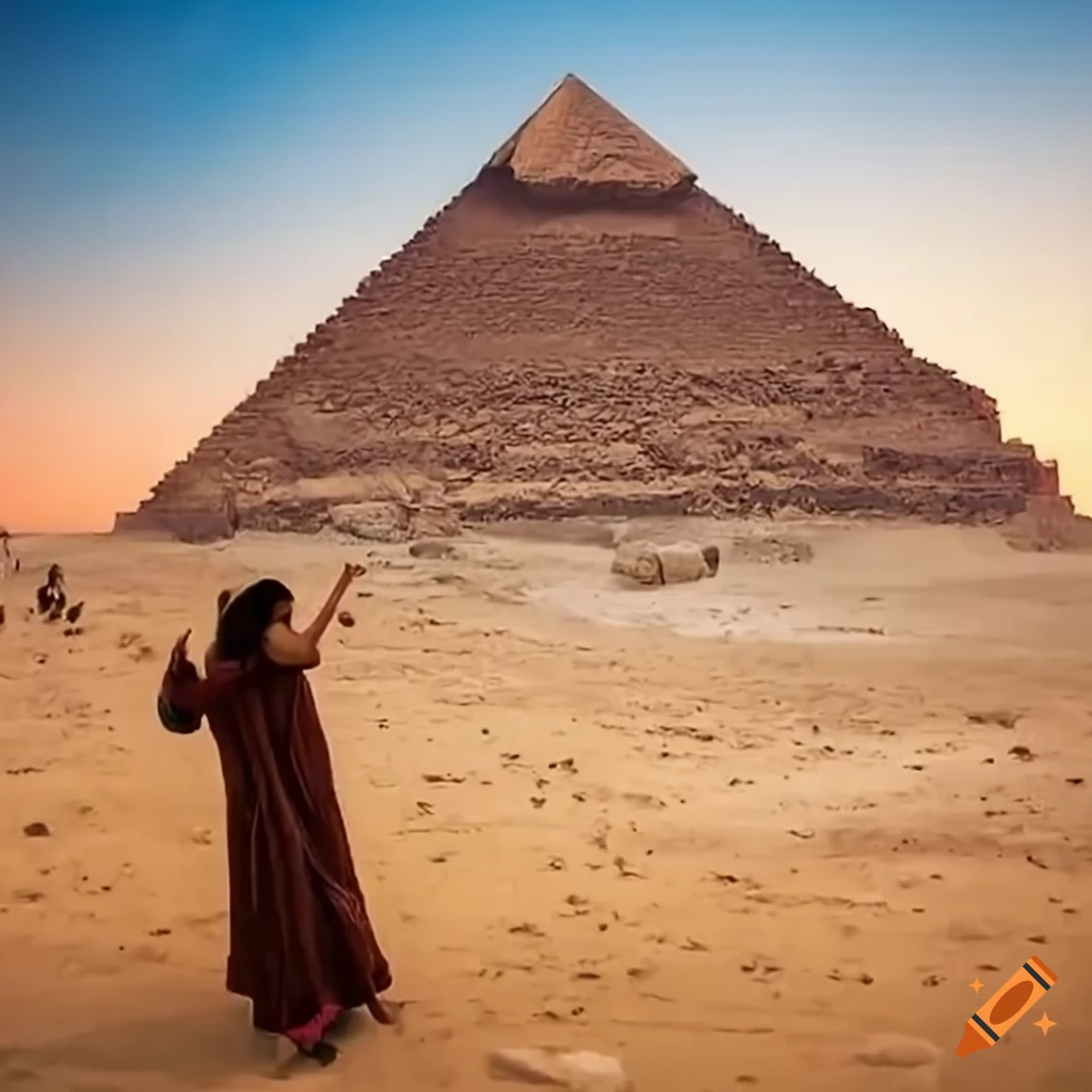 Enchanting scene of ancient Egypt's pyramids with villagers and goats
