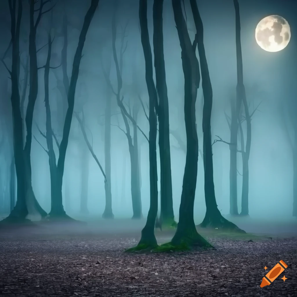 Moonlit old forest with low fog