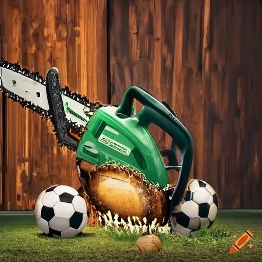 Green Timbers chainsaw with cut lumber and soccer balls