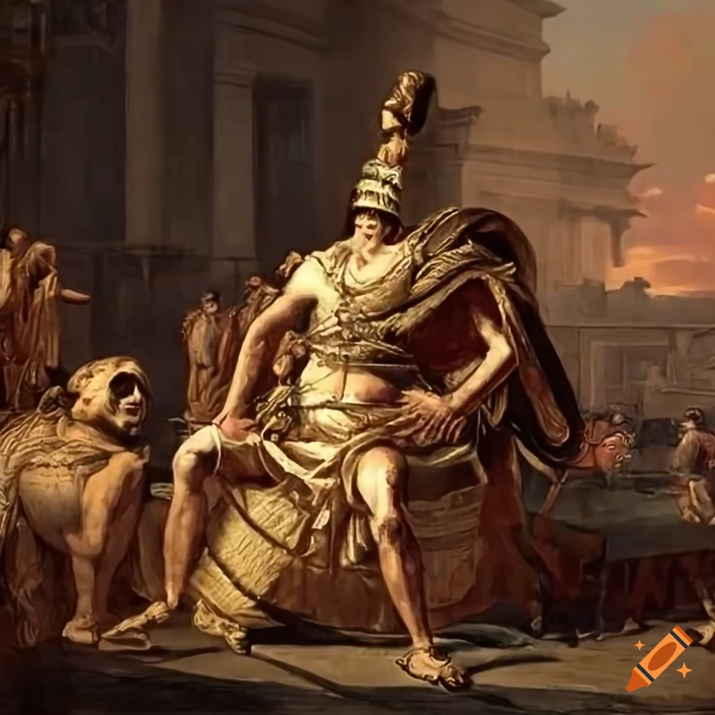 Roman warlord on chariot during triumphal ceremony with slave and memento mori