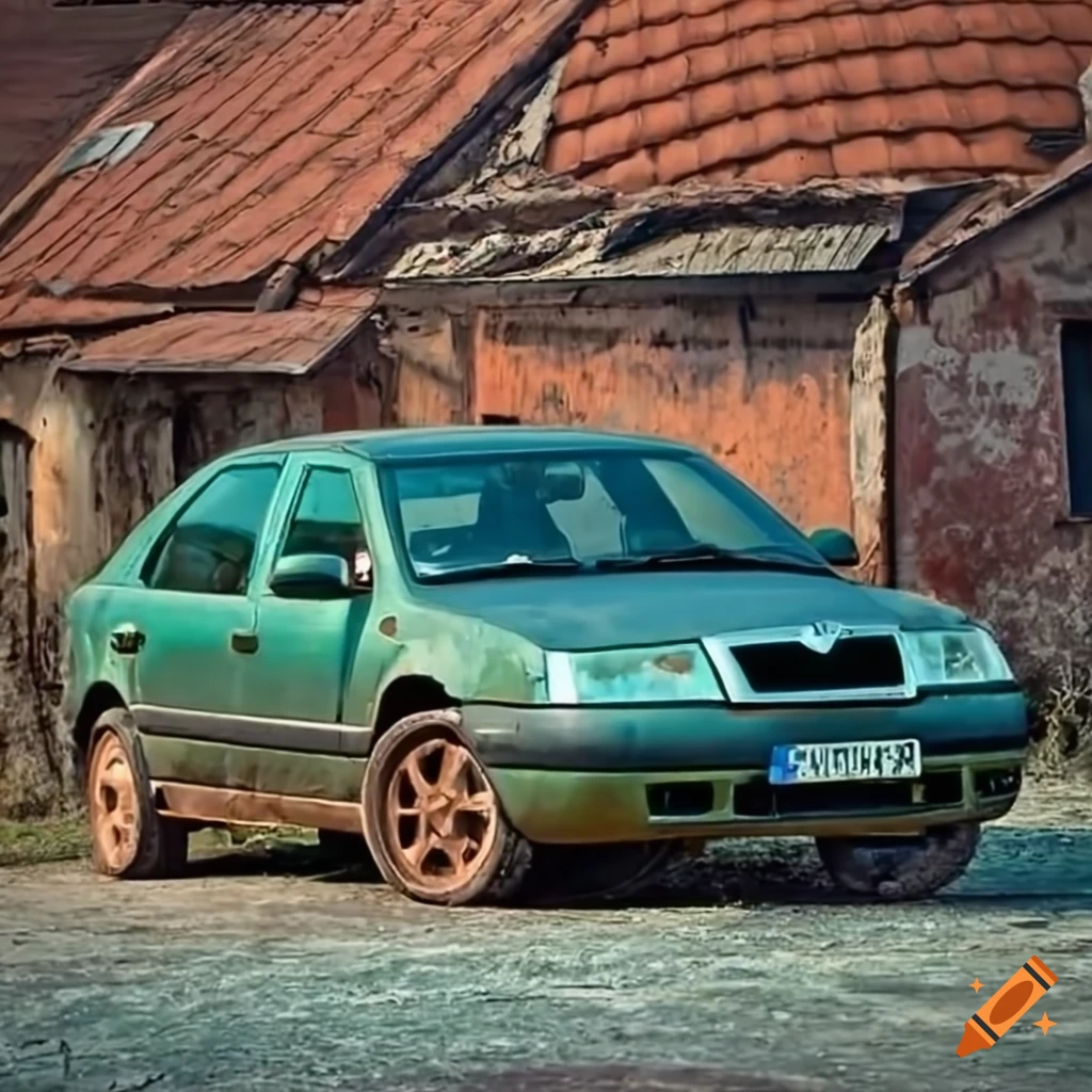 Abandoned Skoda Octavia with offroad wheels and a solar panel in an old village setting
