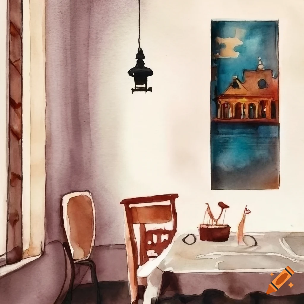 Minimalist watercolor painting of a bakery on a Krakow street