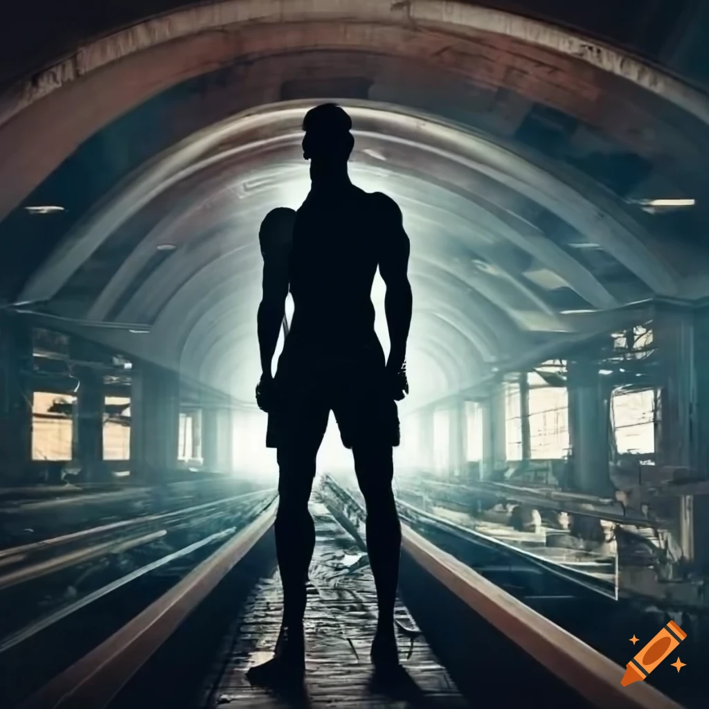 Muscular man in silhouette running on industrial steel beam