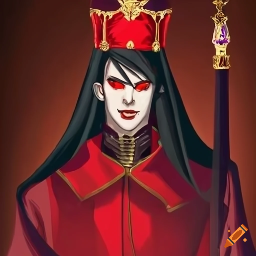 Young handsome vampire lord in scarlet suit with scepter
