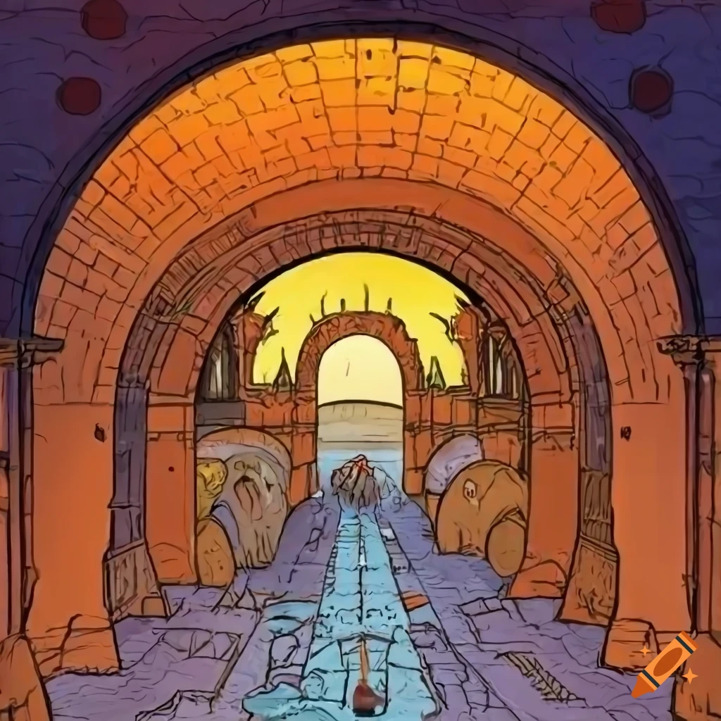 Medieval archway leading to a bustling plaza with airships in Moebius style