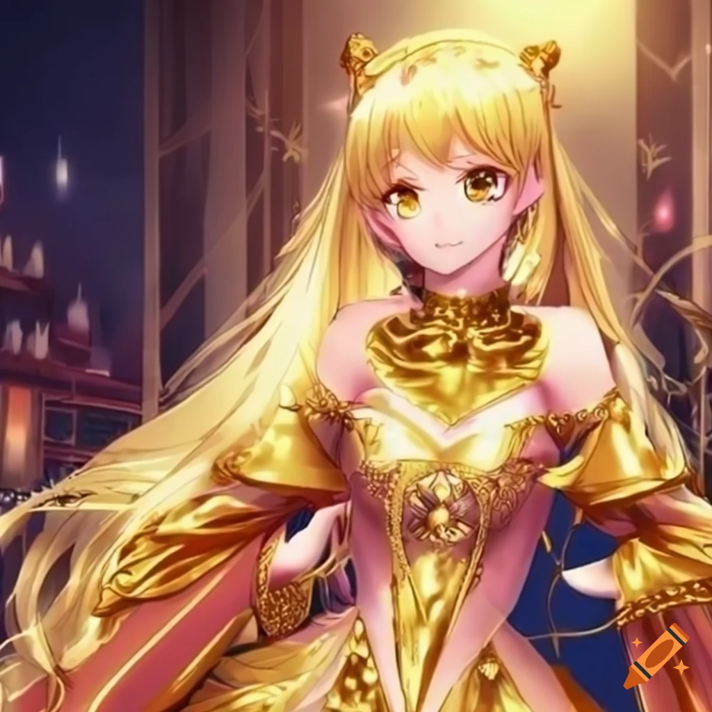 Anime princess in golden attire exuding joy