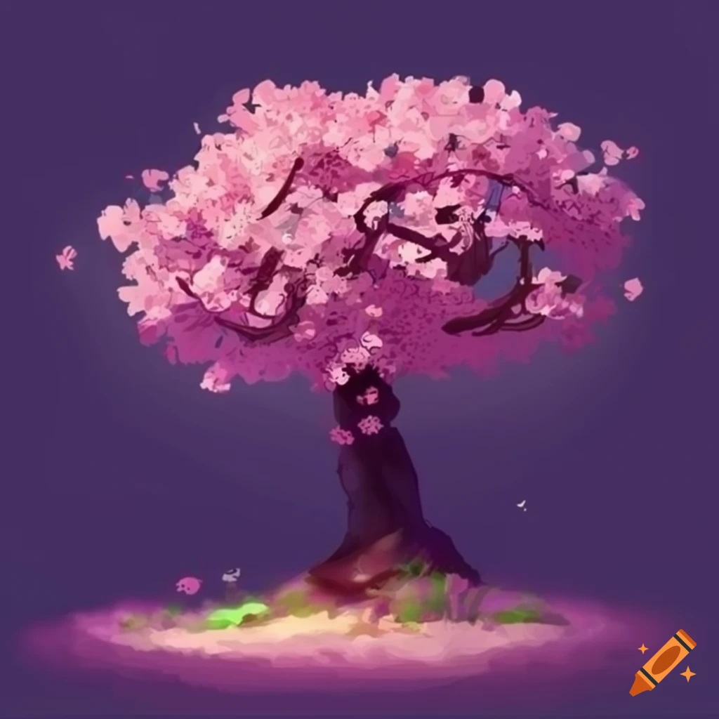 Cherry blossom tree in Rayman Legends style on a plain background