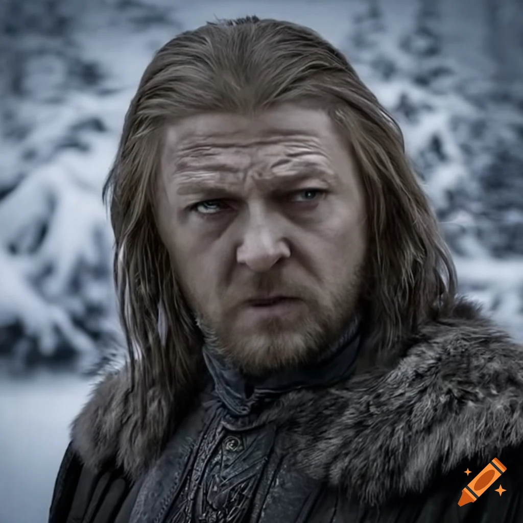 Character Ned Stark in snowy landscape with fur cloak and sword