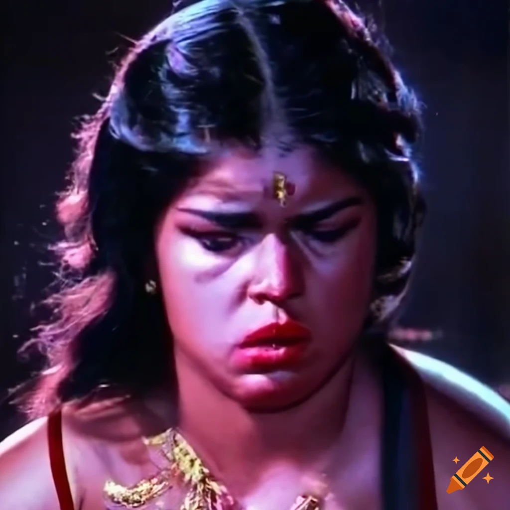 Closeup of a bloodied south Indian female fighter in a 70's movie scene