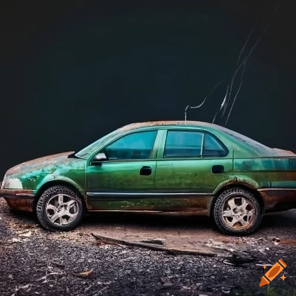 Abandoned Skoda Octavia 2001 model with offroad wheels and solar panel