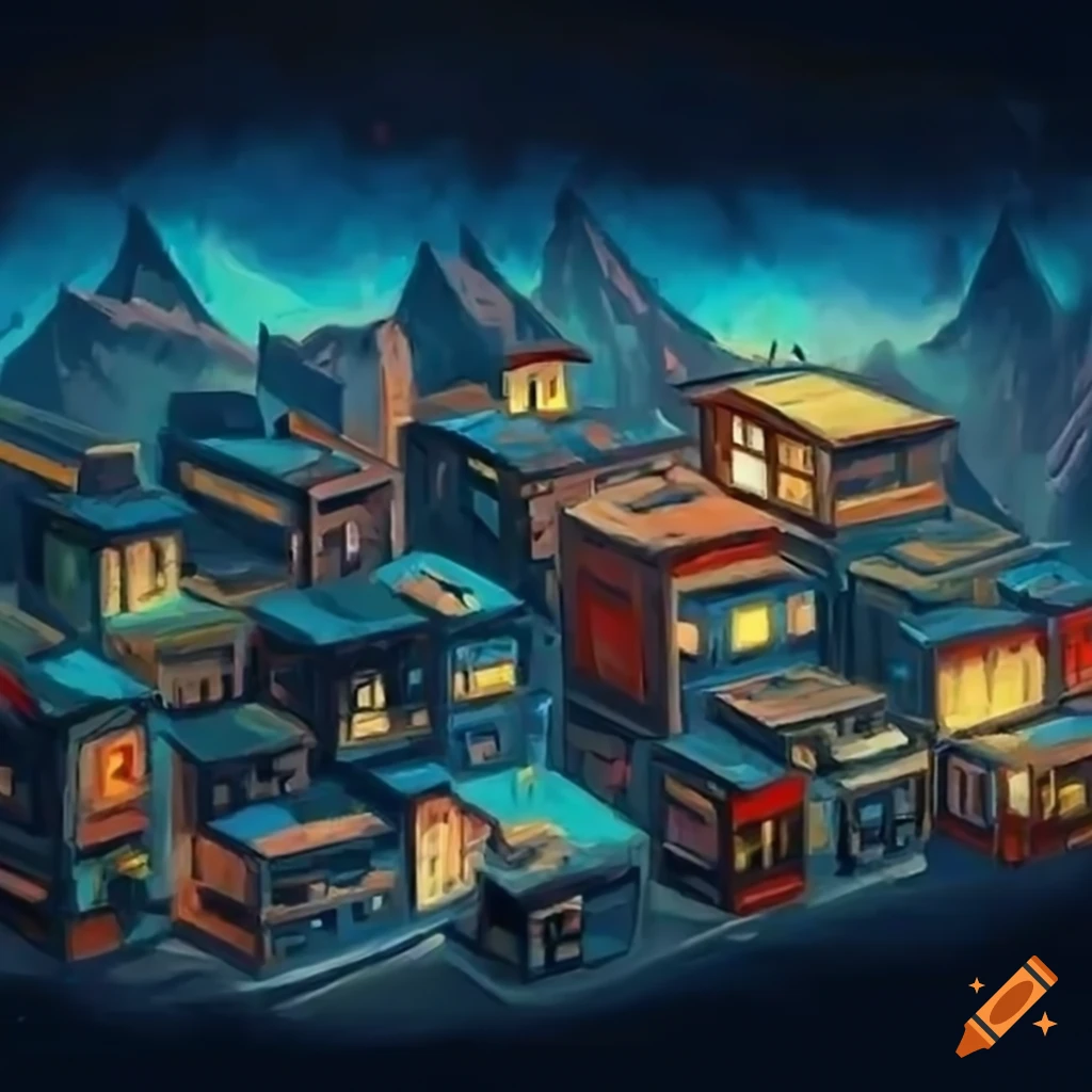 Isometric sci-fi mountain town made of shipping containers