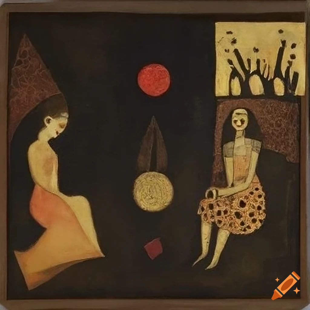 Pool and garden with angels and demons in a fusion art painting