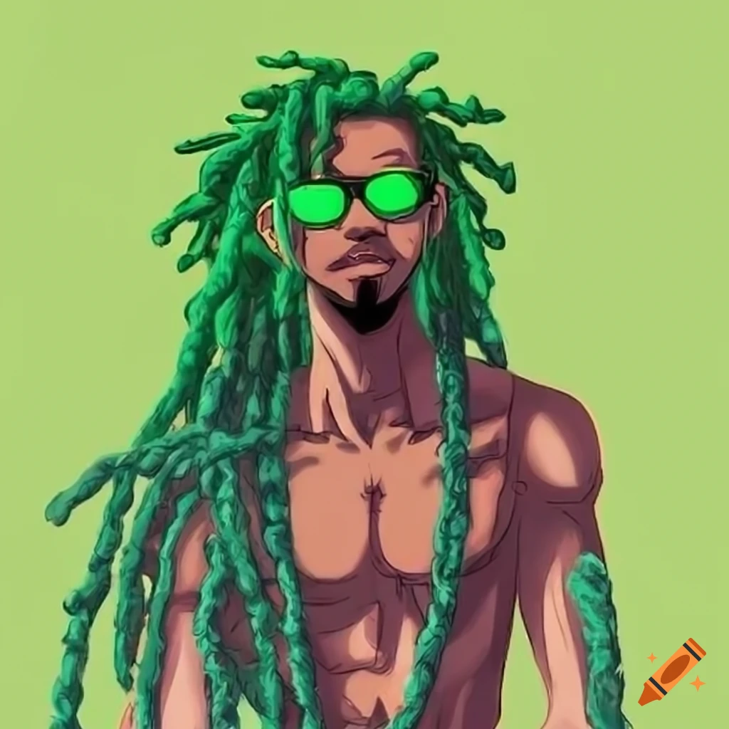 Vibrant 90s black anime character with green dreadlocks and sunglasses