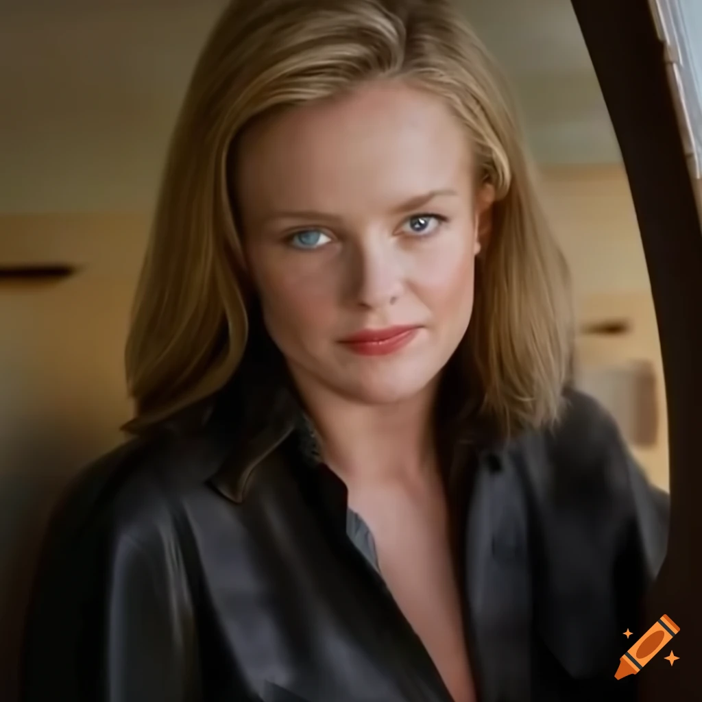 British actress Kelly McDonald look-alike in a country plaid shirt and high-waist black leather trousers standing in a caravan trailer doorway