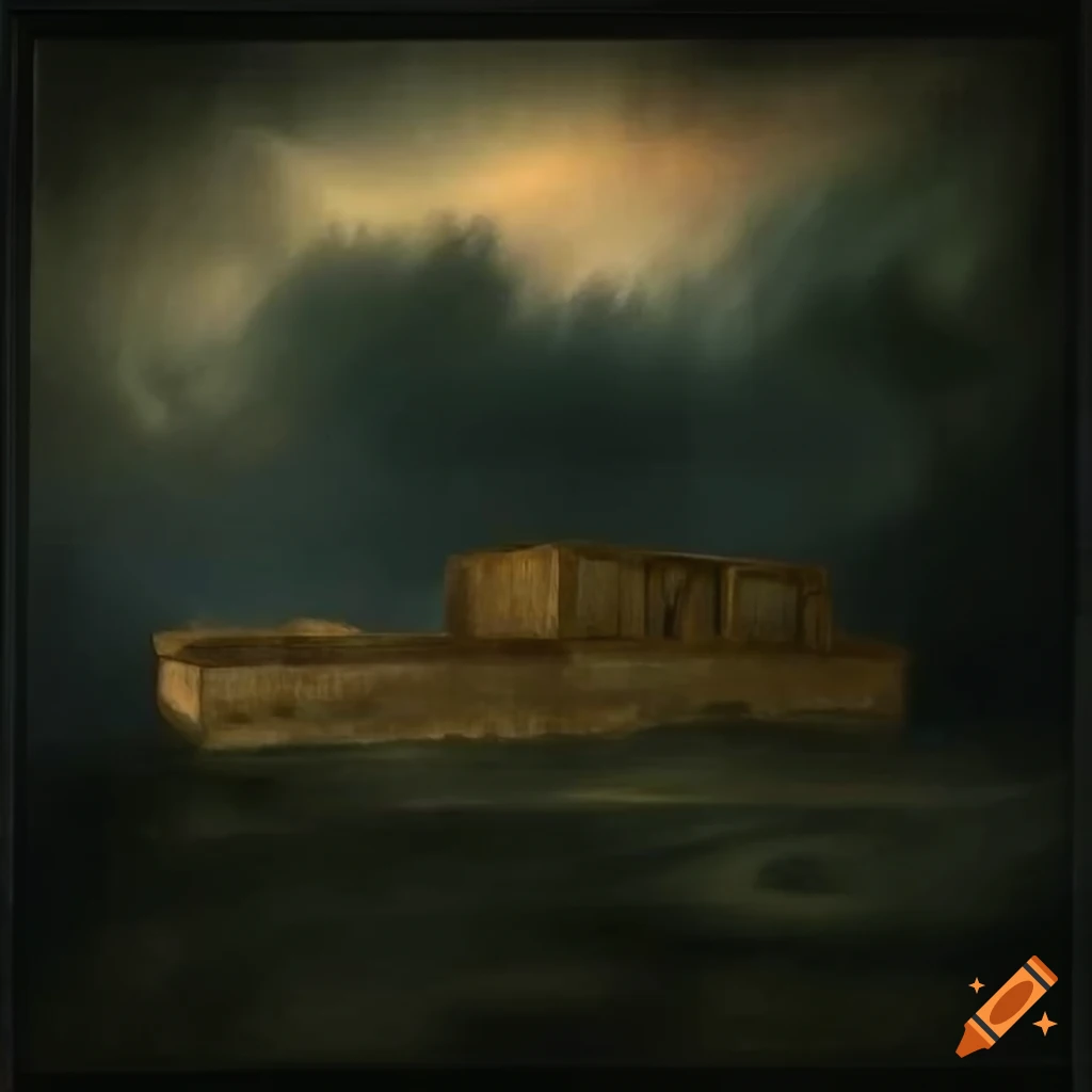 Ancient ark navigating stormy seas during a lightning storm