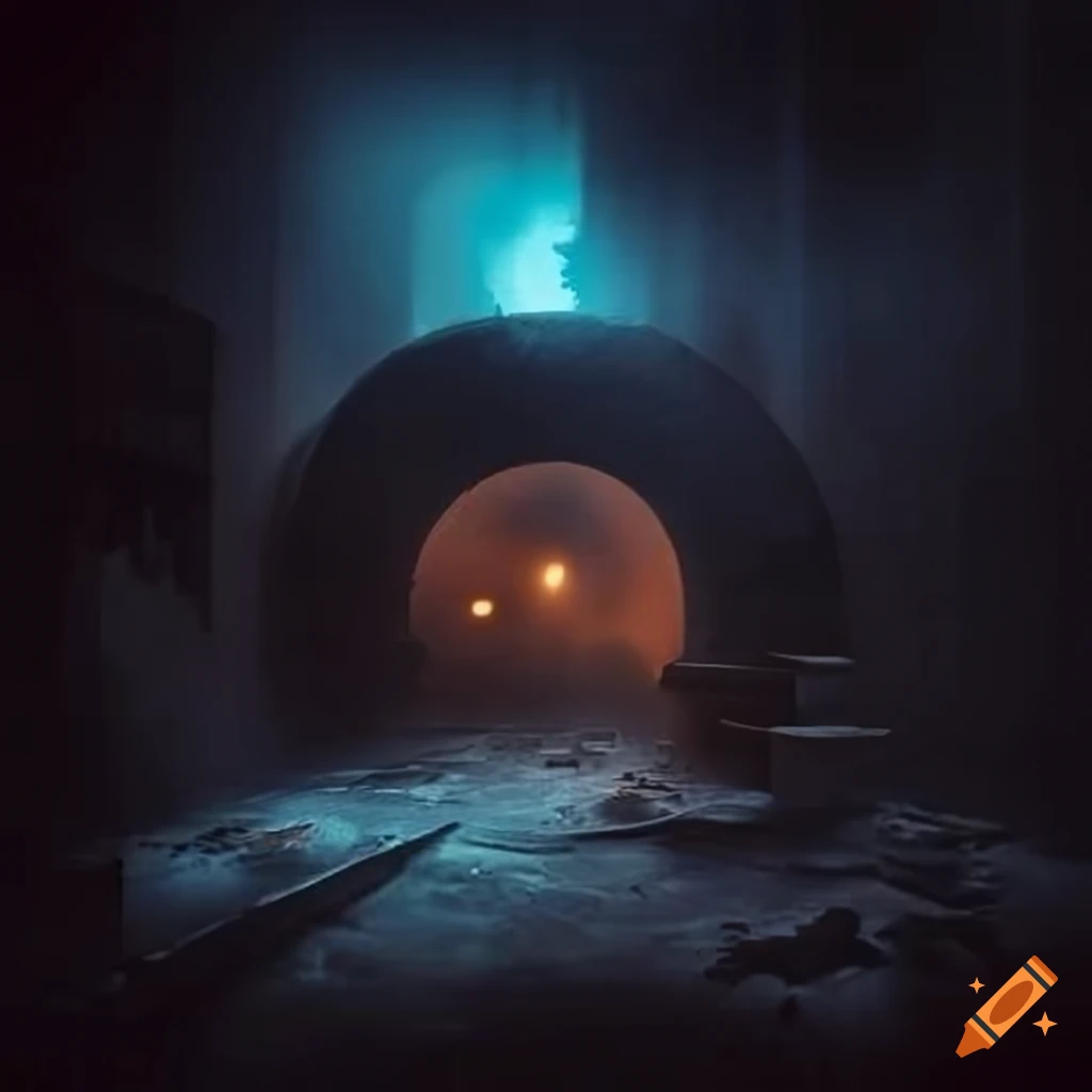 Escena industrial sombría con fábrica en ruinas y chimeneas emitiendo humo