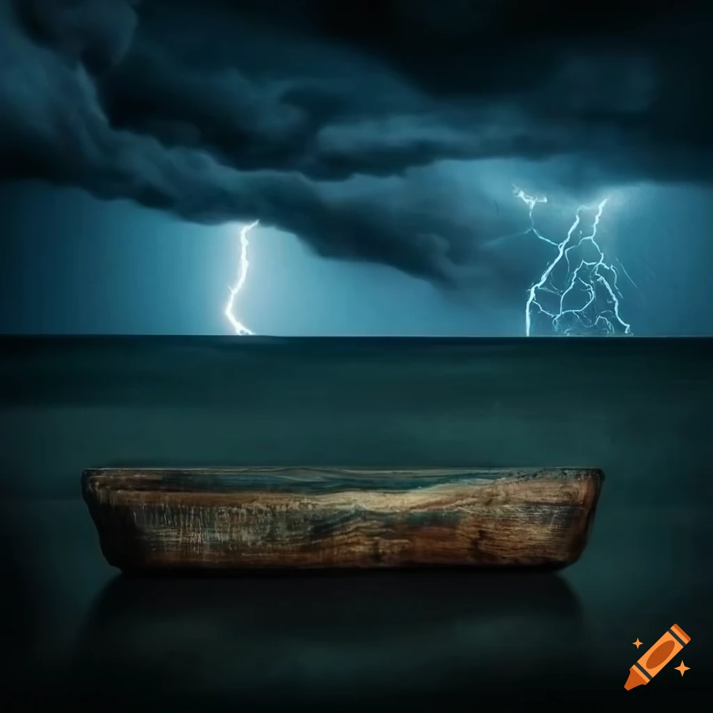 Ancient ark navigating stormy seas during a lightning storm