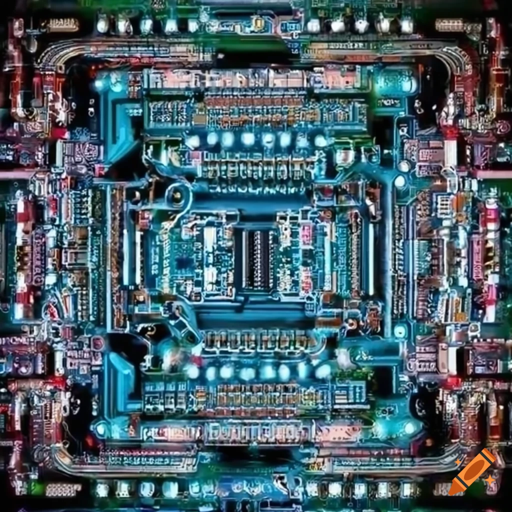 Intricate circuit board design with wires and components on Craiyon