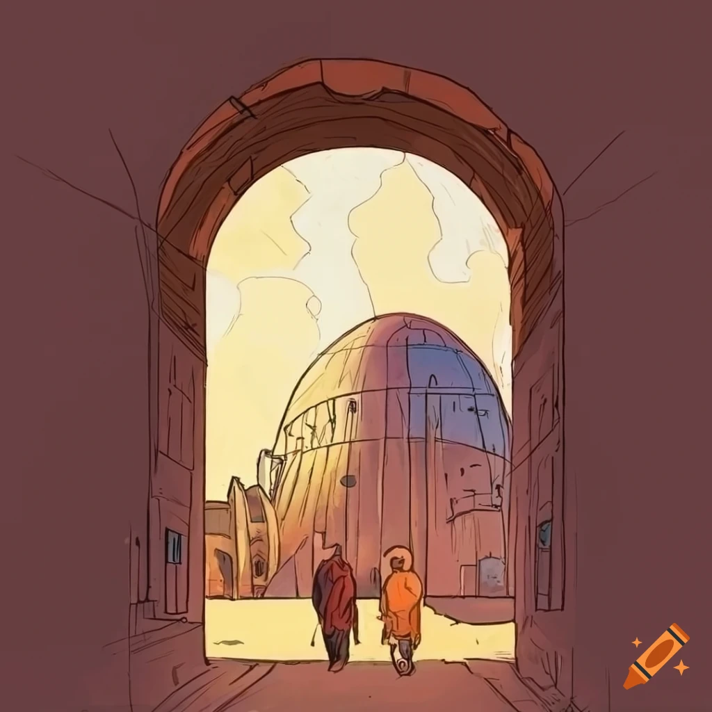 Medieval alley way with airships flying above, illustrated in Moebius style