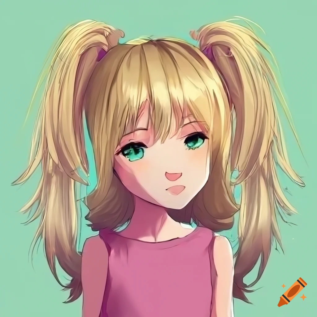 Anime girl with blonde hair, green eyes, and pigtails in a pink t-shirt