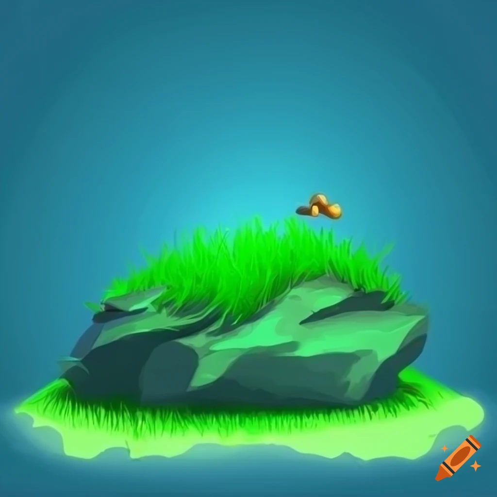2D game concept art with blue green grass rocks in Rayman Legends style