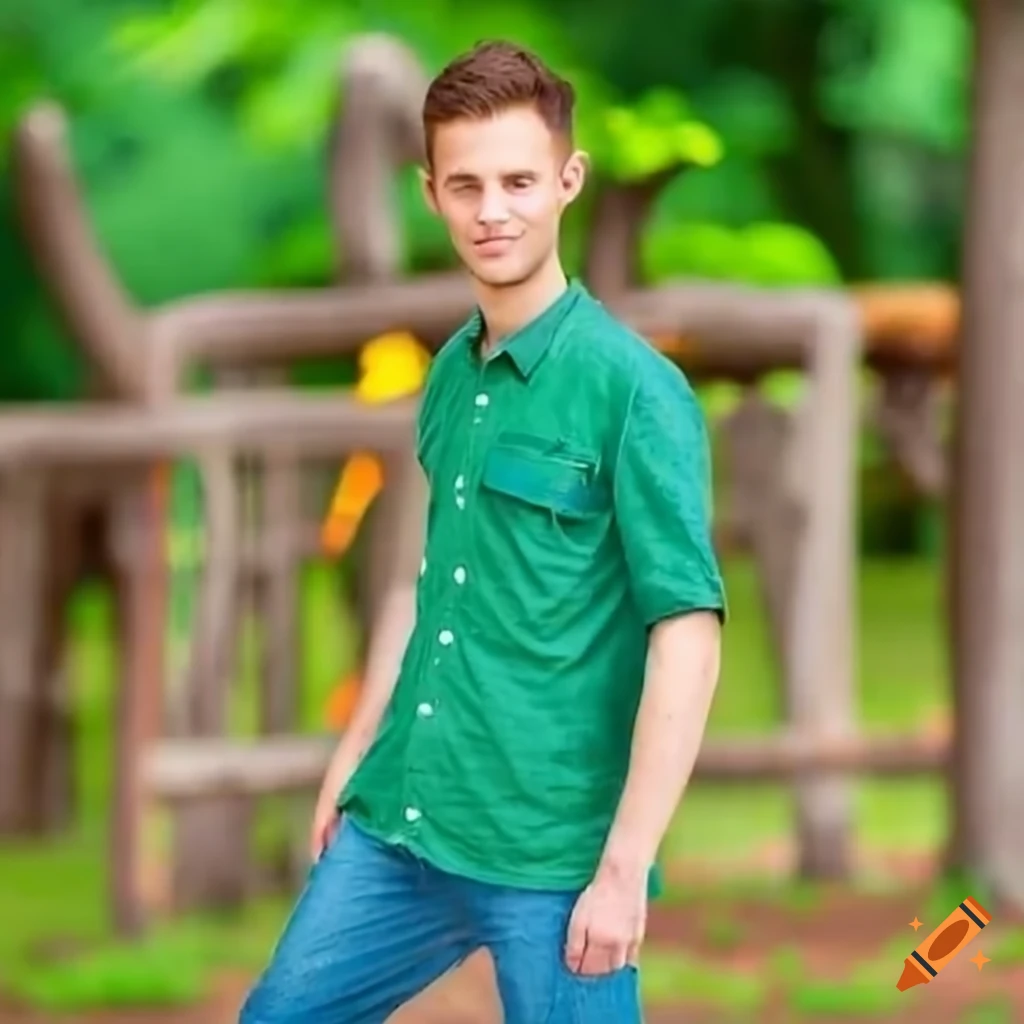 Man wearing blue jeans and green shirt at the zoo