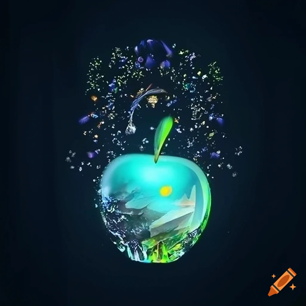 Crystal apple with musical note symbols, ultra HD quality