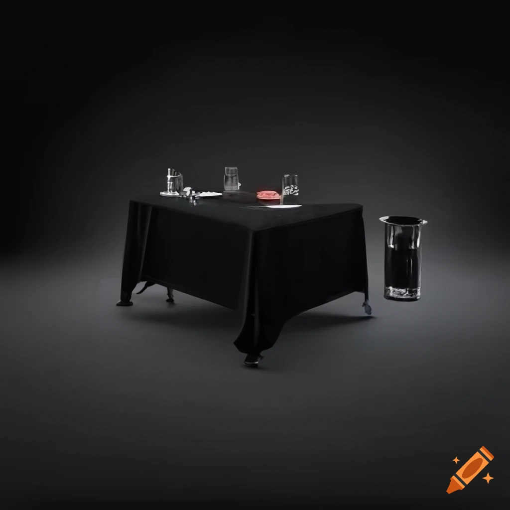 Commercial action presentation table with black tablecloth, plastic cups, and can