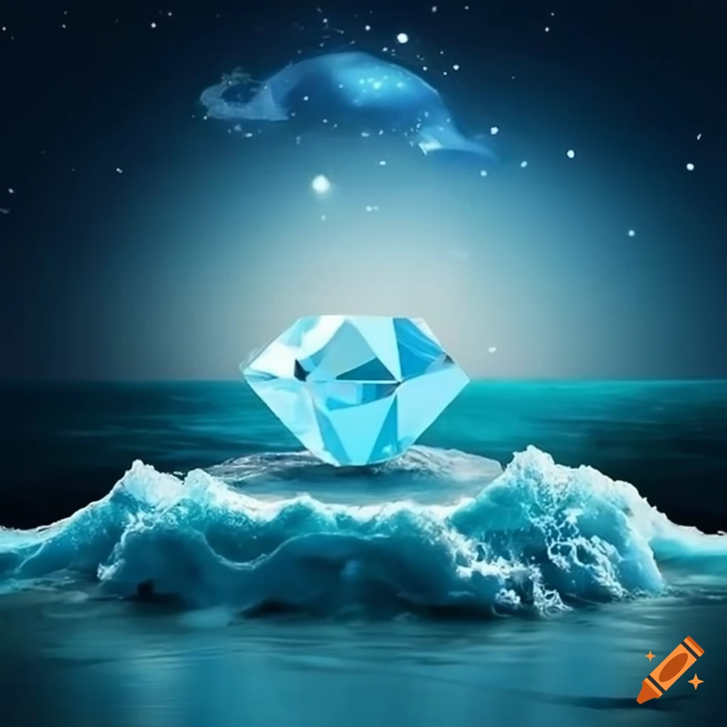 Diamond surrounded by salt and ocean waves in a fantasy setting