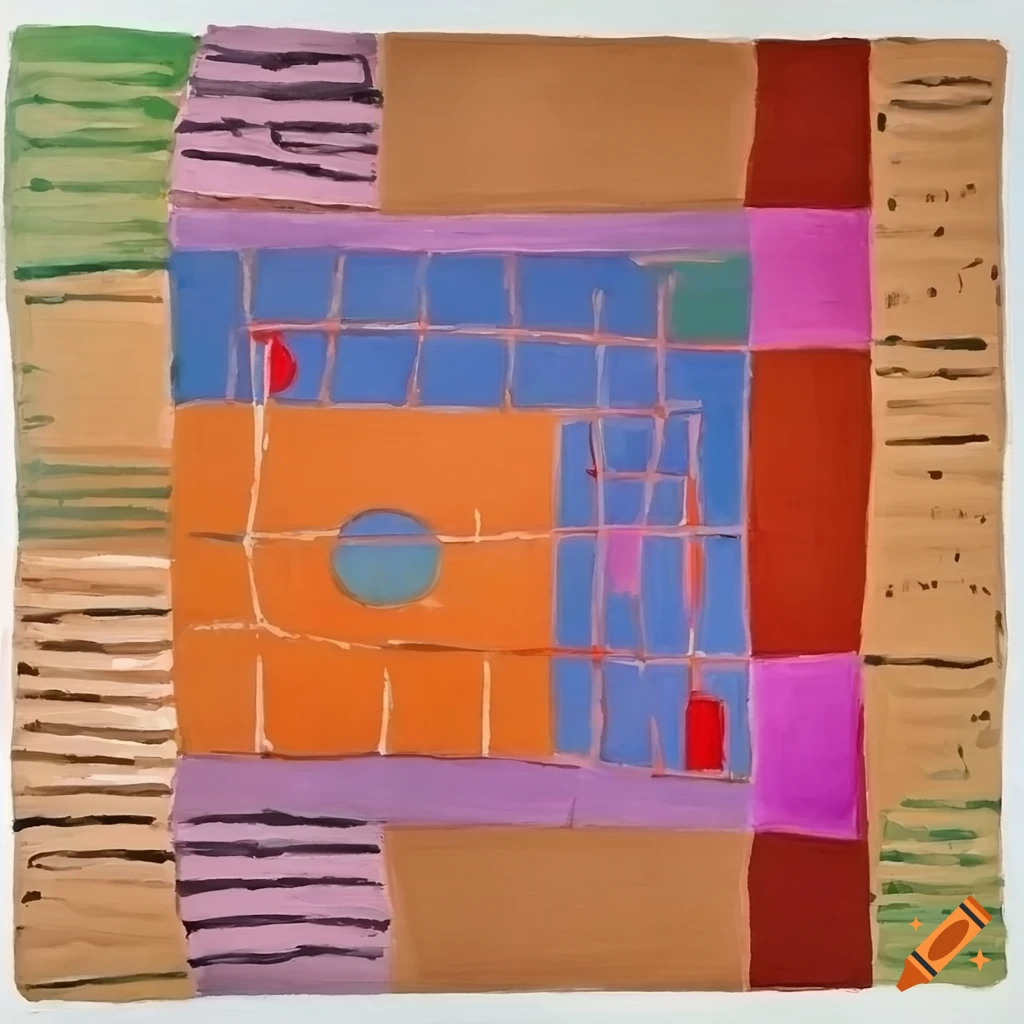 Painting of a playground and basketball court in the style of Paul Klee and David Hockney with muted colors