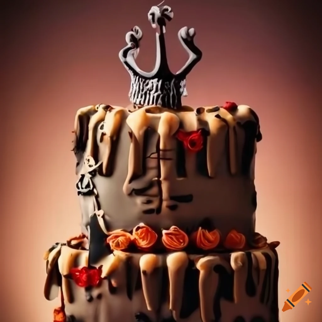 Tall spooky cake with 'terror' written on it and a crown topper
