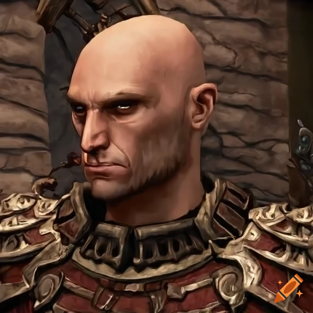 Scruffy handsome bald armored warrior in an ancient dungeon