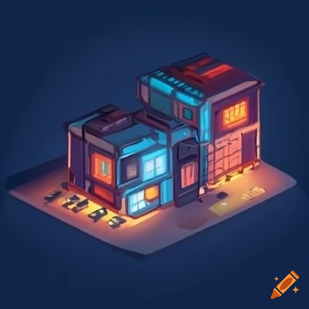 Isometric sci-fi shipping container mountain town