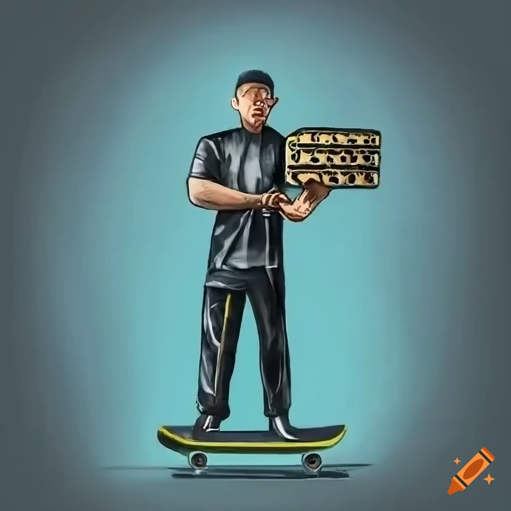 Male skater in black Domino's uniform holding pizza boxes on skateboard