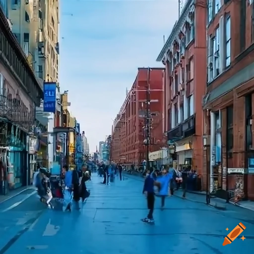 Urban city with busy pedestrians on sidewalks