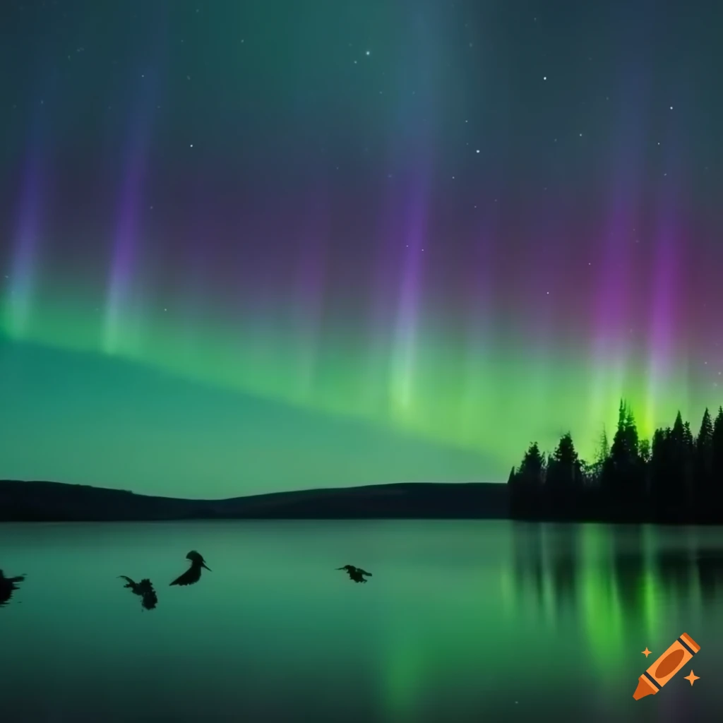 Aurora borealis over a lake with birds swimming