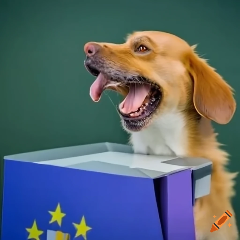 Happy dog voting at a ballot box for European Parliament elections
