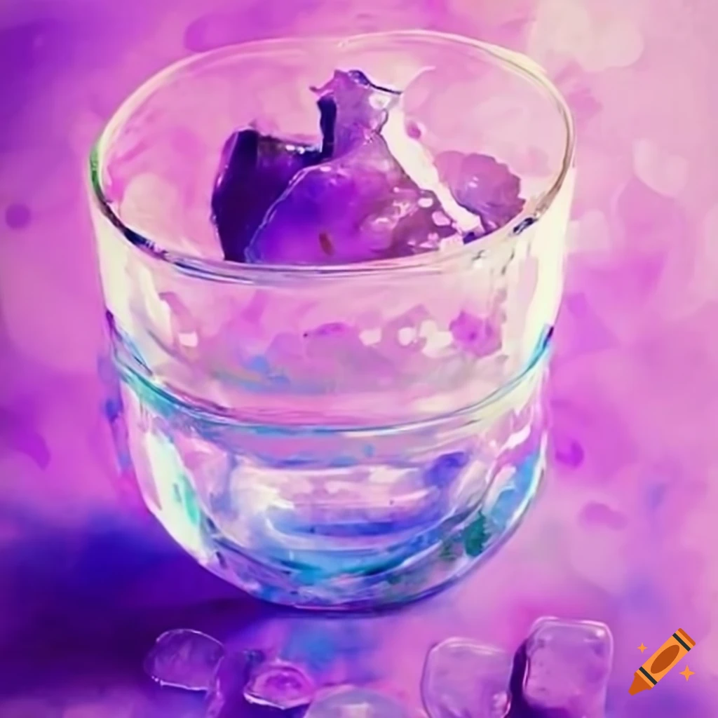 Glass cup with anatomical heart-shaped ice cube under purple lighting