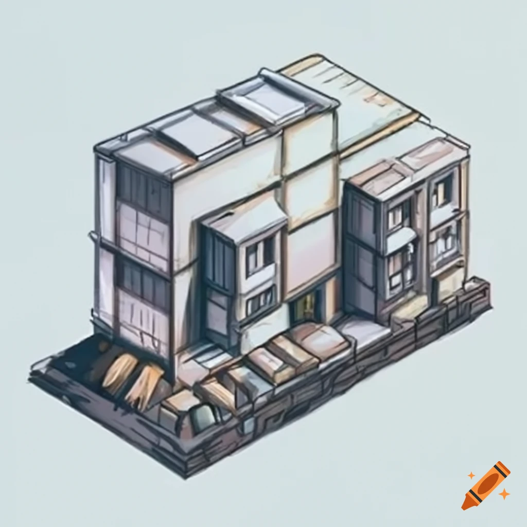 Isometric sci-fi mountain town made of shipping containers