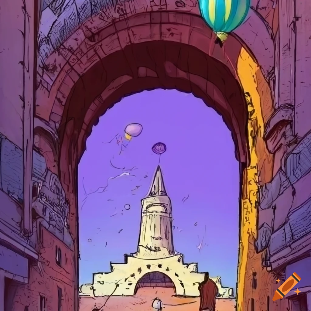 Medieval alleyway with airships and balloons in a Moebius illustration style