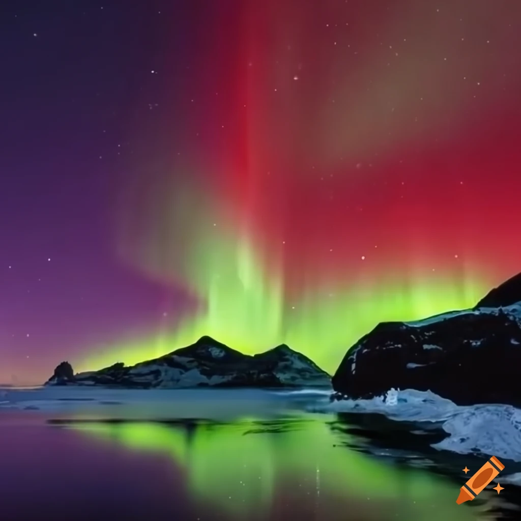 Red and green aurora over an island with penguins
