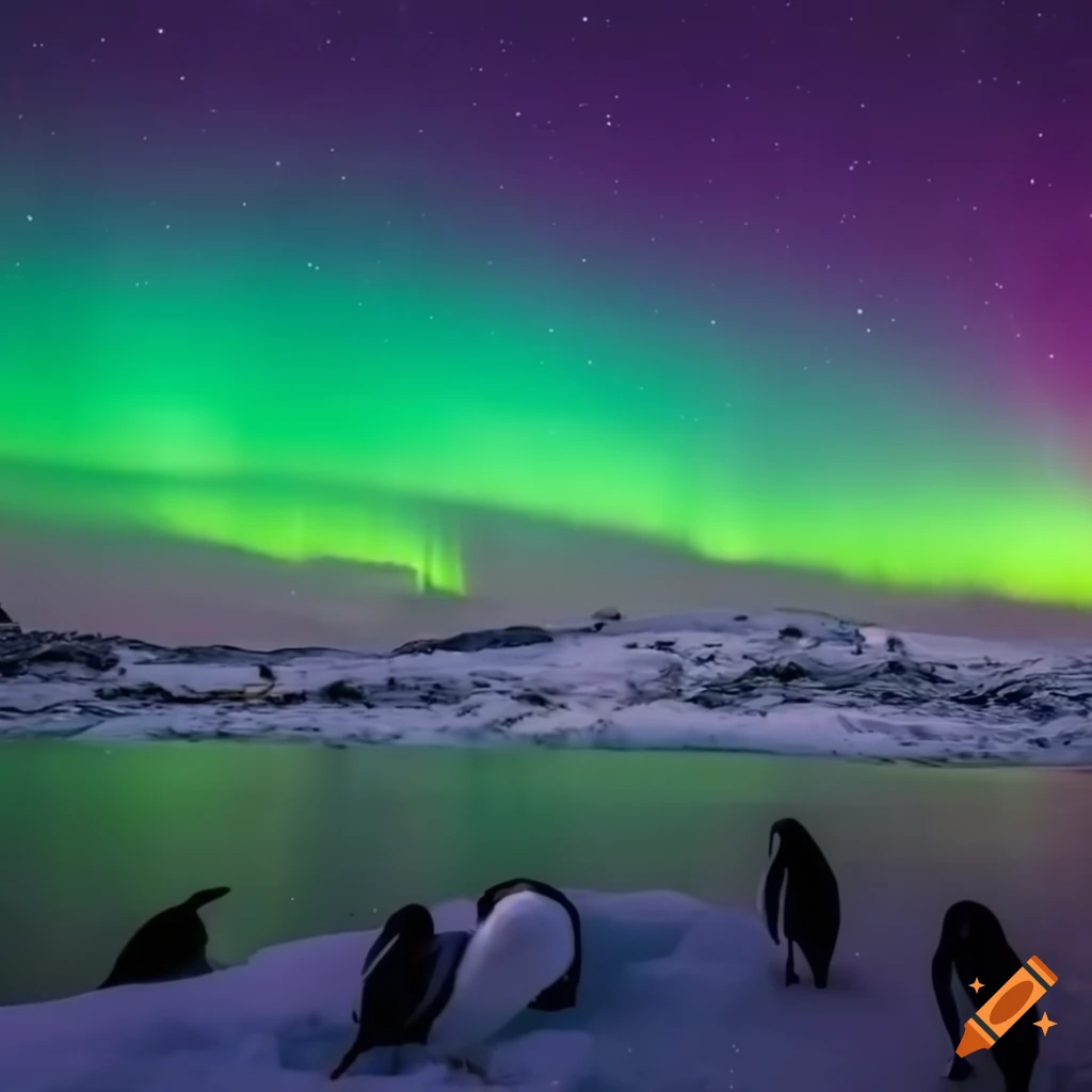 Purple aurora over a snowy island with penguins