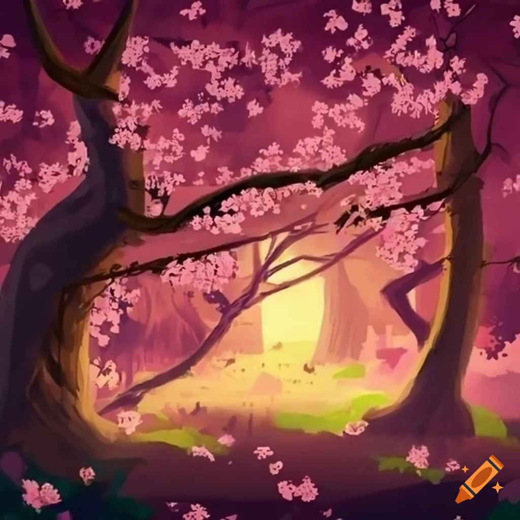 Cherry blossom forest concept art in Rayman Legends style