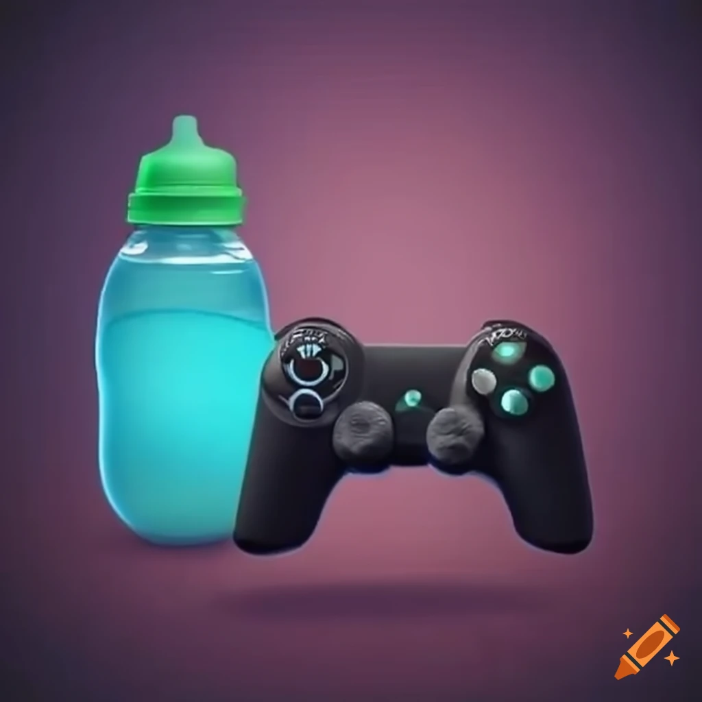 Two gamepads near a baby bottle with a realistic filter