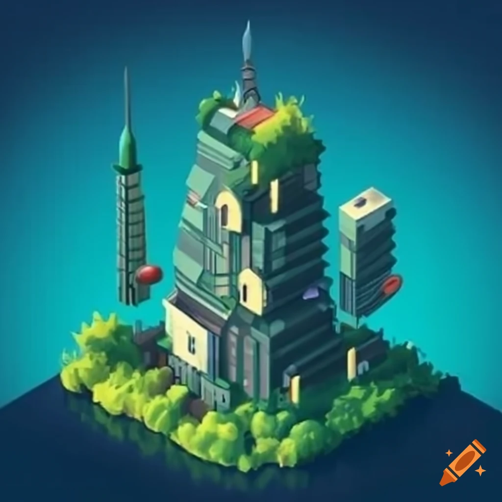 Isometric sci-fi skyscrapers with vegetation in Studio Ghibli style