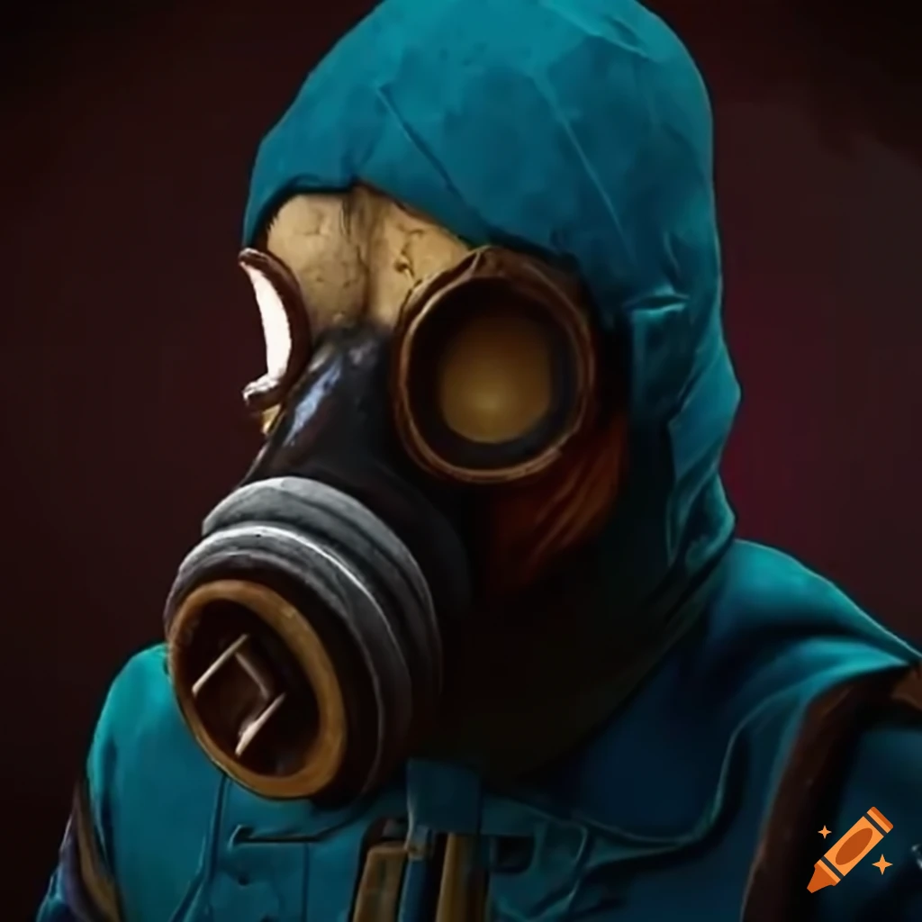 Character from Rust game with blue outfit, gas mask, and helicopter in ...