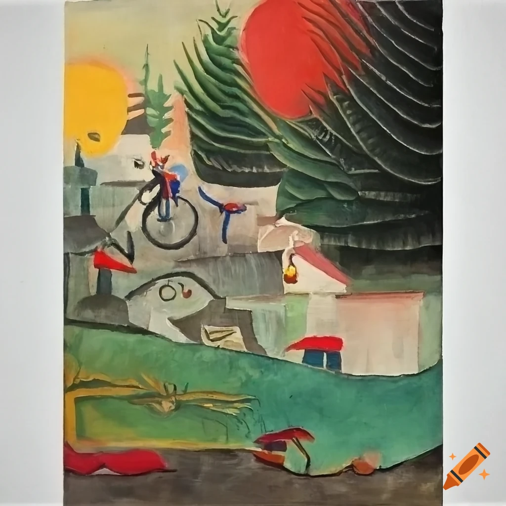 Naive painting of biking in the style of Henri Rousseau and Paul Klee with black impasto technique
