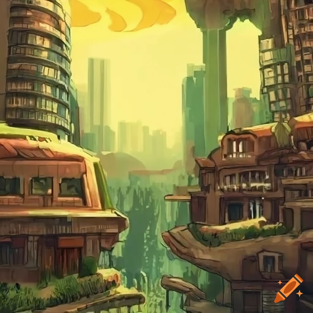 Sci-fi skyscrapers with vegetation in the style of Ghibli Studio